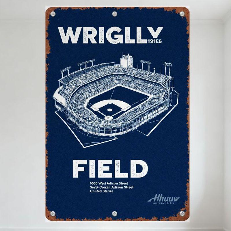 Vintage Wrigley Field Blueprint Metal Tin Sign, Rustic Weathered 1914 Design for Home/Bar Decor with Address & Hhuvy Logo 20x30cm(7.8x11.8inch)