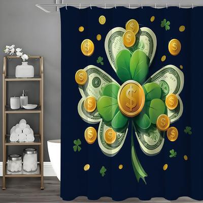 St. Patrick's Day Shamrock Coin and Golden Dollar Bill Design Shower Curtain, Bathroom Decorative Shower Curtain, Waterproof Sho