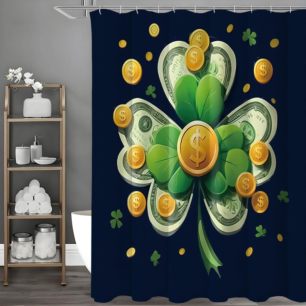 

улица. Занавеска для душа с дизайном монеты «Трилистник» ко Дню Святого Патрика и золотой долларовой купюры, Декоративная занавеска для ванной комнаты, Водонепроницаемая Шо 90*180cm