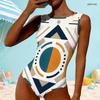 Women Plus Size High Round Neck Sleeveless Striped Printed One Piece Swimsuit Pink White Grey