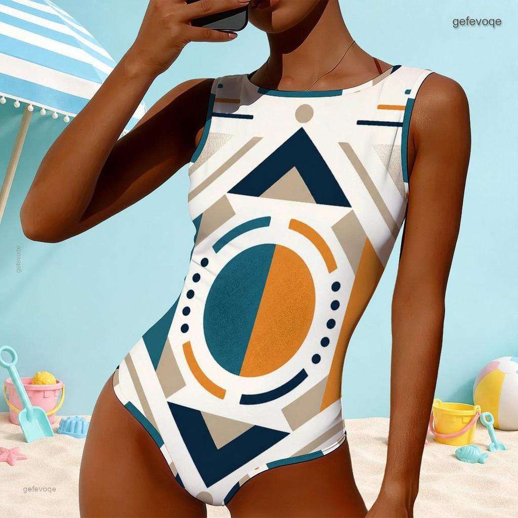 Women Plus Size High Round Neck Sleeveless Striped Printed One Piece Swimsuit Pink White Grey