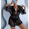 Long Sleeve Mesh Waist Swimsuit High Waist Printed Drawstring Three-piece Bikini