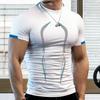 Camiseta Masculina Manga Curta Gola Meia Alta Estampada Costura Verão Corrida Compressão Streetwear