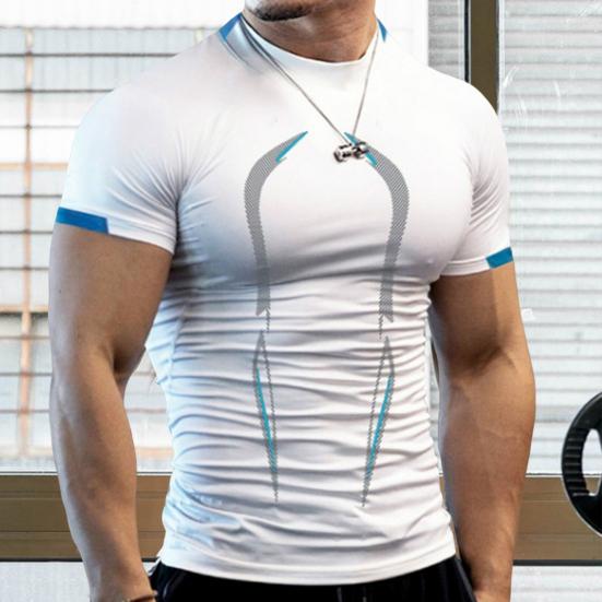Camiseta Masculina Manga Curta Gola Meia Alta Estampada Costura Verão Corrida Compressão Streetwear