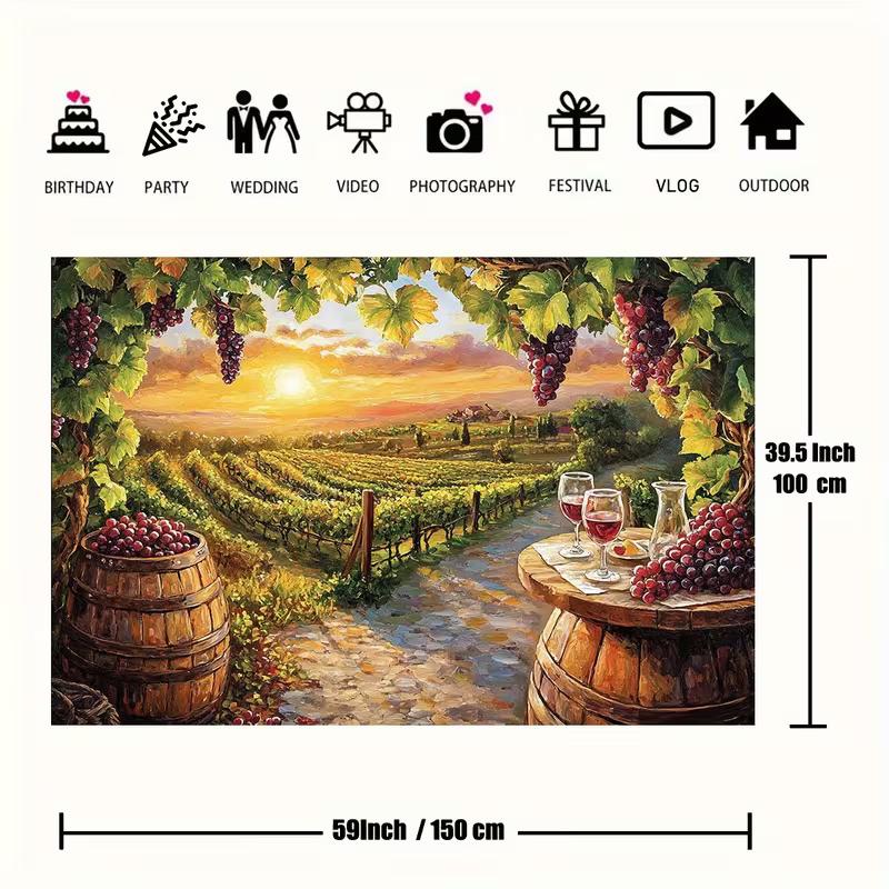 Sonnenuntergang Weinberge Ölgemälde Wandteppich, Weinfass & Trauben Wandbehang