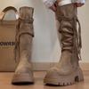 Retro versatile tassel lace-up thick-soled knight boots women's 2025 autumn new thin small fashion boots