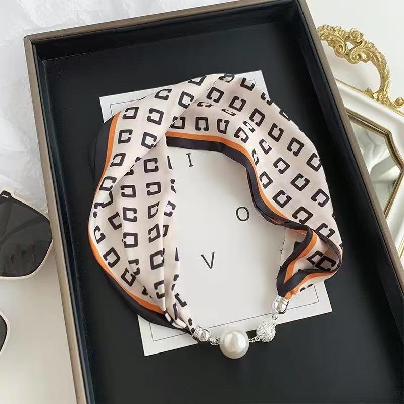 Live Season Magnet Buckle Silk Scarf Women'S Pearl Necklace Long Silk Scarf Headband Decorative Small Scarf