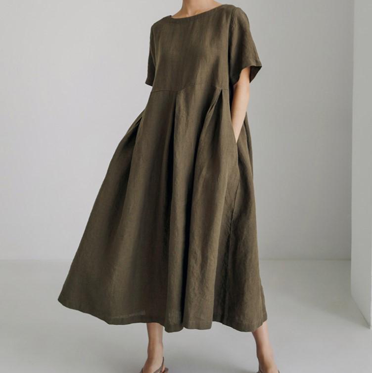 2024 Plus Size Cotton Linen Pullover Dress: Round Neck, Over-the-Knee, Preppy Mori Girl Style