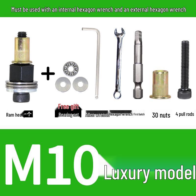 Multi-Purpose Electric Rivet Tool with Manual Wrench and Nut Head Attachment
