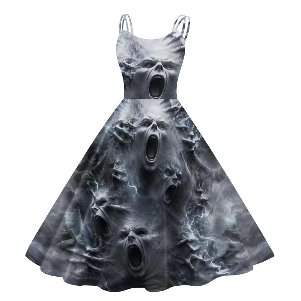 Women's Halloween Printed Off-Shoulder Spaghetti Strap Dress for Party and Costume