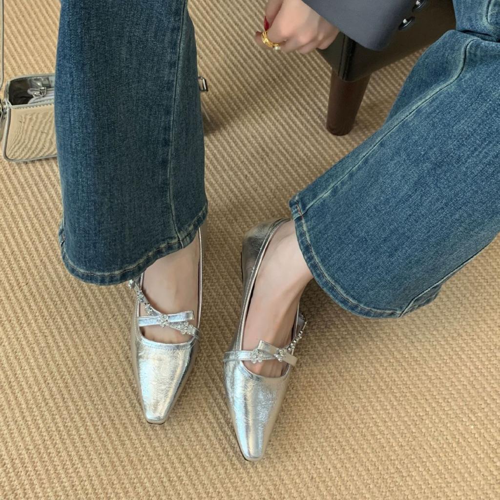 Small Square Head Rhinestone Bow Low Heel French Single Shoes Women's 2025 Spring and Autumn High-end Skirt Mary Jane Small Heels
