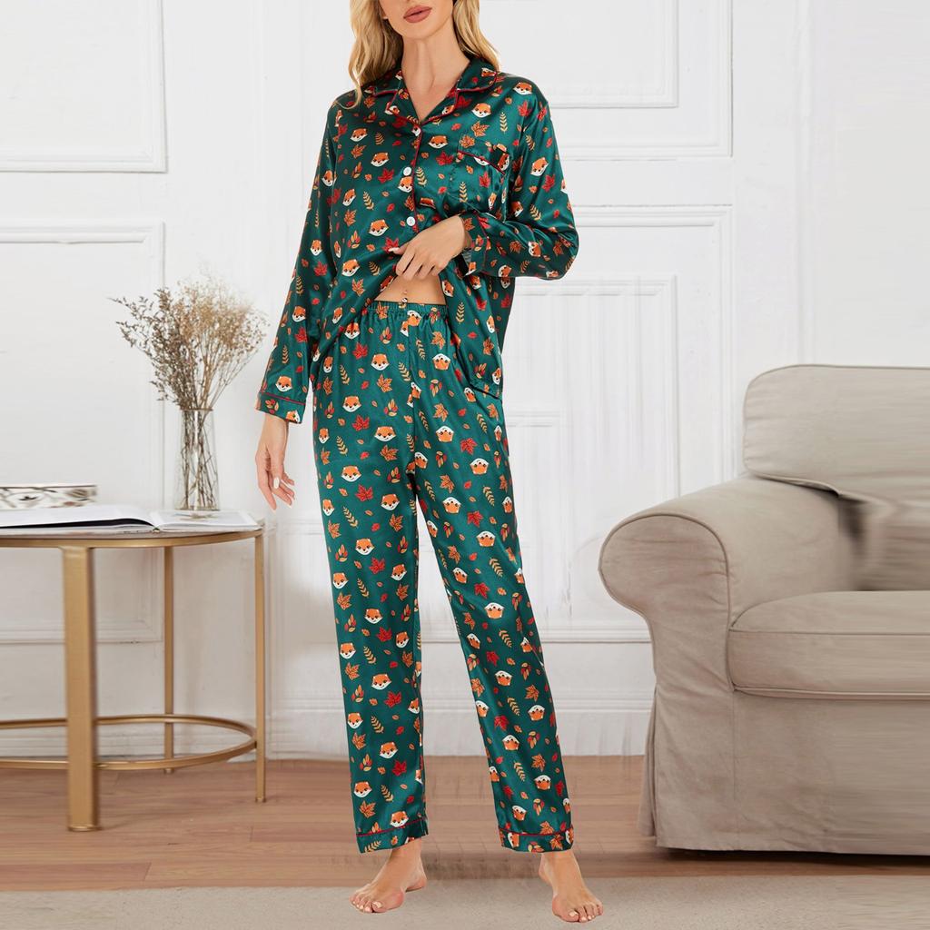 Women's Fall Casual Home Wear Suit Pajamas Satin Cardigan Long Sleeves
