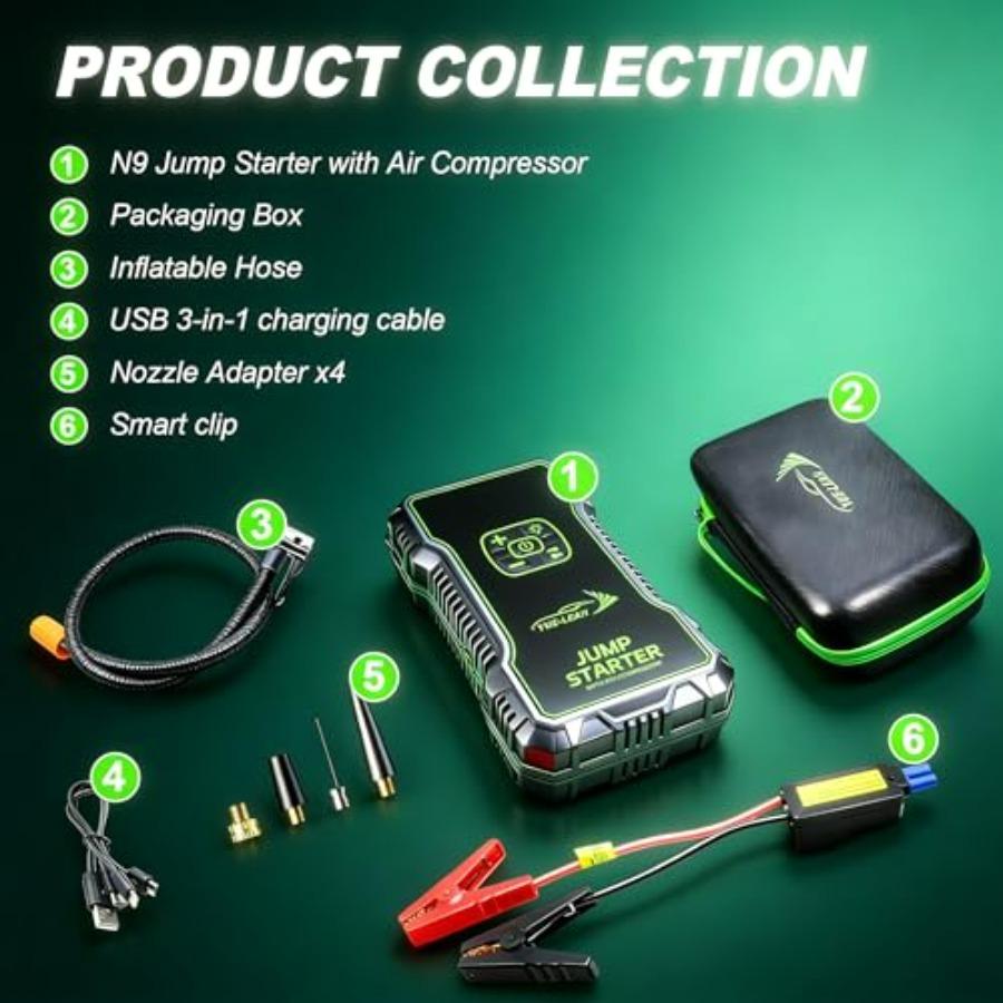 1000A Portable Jump Starter with Air Compressor for 12V Lithium Battery Power Bank Jumper Cables Red Supports 6.0L Gas 3.0L Die