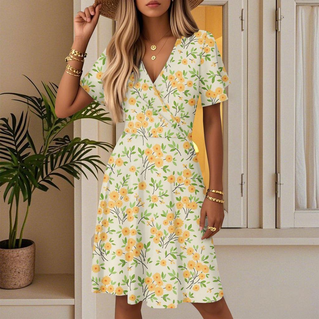Women's Casual Fashion Dress Vintage Floral Floral Short Sleeve V-neck Dress