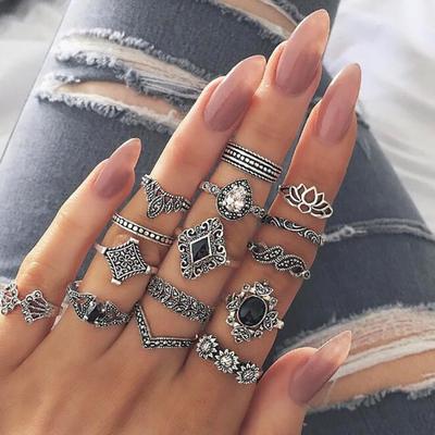 15 Teile/satz Bohemian Retro Kristall Blume Blätter Hohl Silber Ring Set