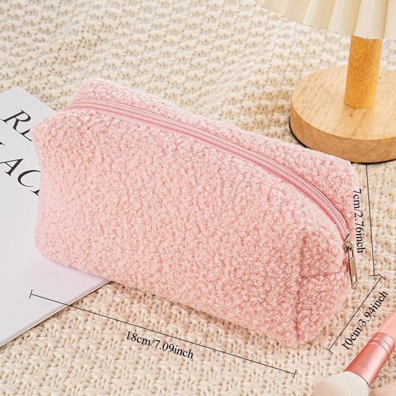 2026 Cute Zipper Plush Large Solid Color Cosmetic Bag Makeup Bag for Women Travel Make Up Toiletry Bag Washing Pouch Pen Pouch L