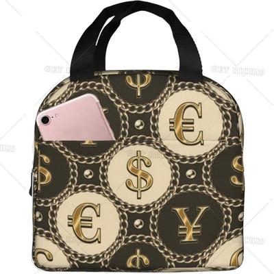 Vintage Gold Chains World Currencies Signs Reusable Cooler Lunch Bag Insulated Lunch Box for Women Men Office Picnic Work Trip