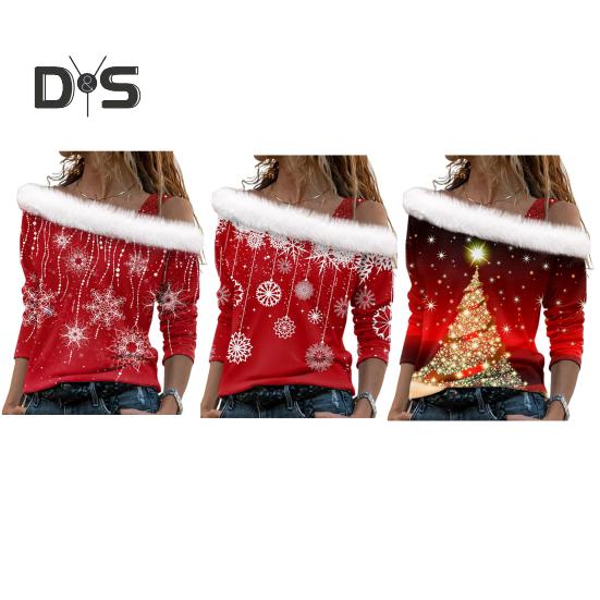 Women Christmas Top Hollow Out One Shoulder Shiny Sequin Long Sleeve Snowflake Print Thick Warm Pullover Color Matching Lady New Year Party Top