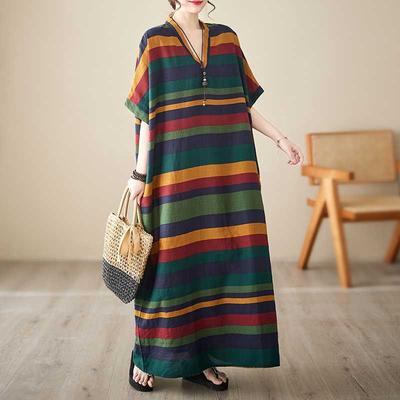 Summer Thin Cotton Linen Loose and Simple Long Skirt Striped Beach Skirt for Women
