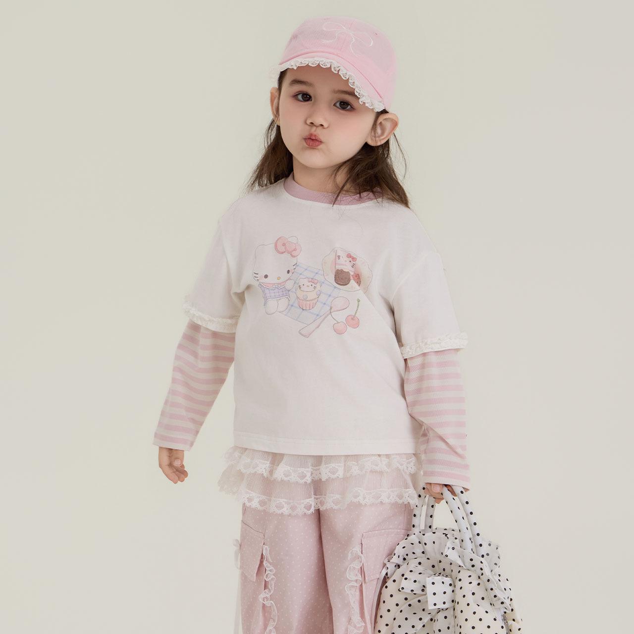 Kids Cartoon Print Long Sleeve T-Shirt - Unisex, Size Large, Korean Fake Two-Piece Style for Spring/Autumn 100cm