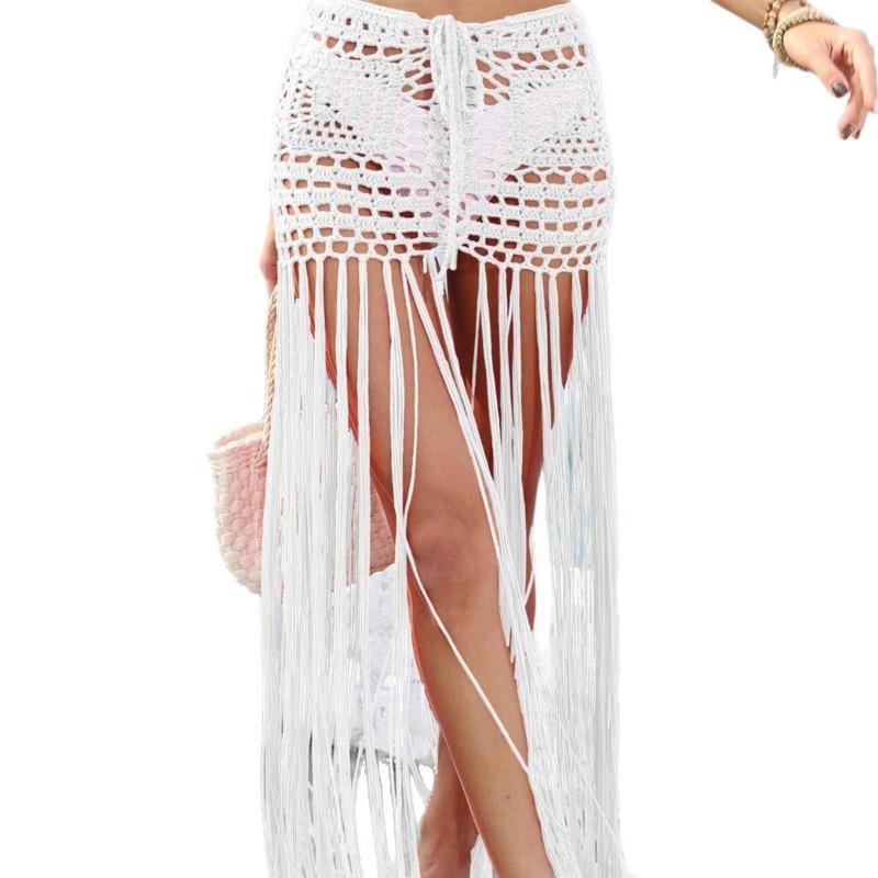 Damska czysta ręcznie robiona na szydełku długa spódnica plażowa z frędzlami, sznurowana, regulowana