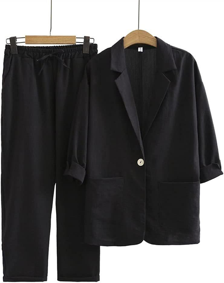 Women s cotton and linen 2-piece suit jacket + pants autumn loose fashion casual cotton and linen suit top set S чёрный