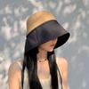 Women's Summer UV Protection Wide-Brim Straw Bucket Hat with Sunscreen Straps - Face Slimming Outdoor Travel Hat