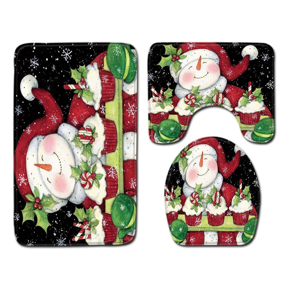 Christmas Shower Curtain Floor Mat Combination Four-Piece Set Bathroom Non-Slip Mat Toilet Absorbent Door Mat Carpet