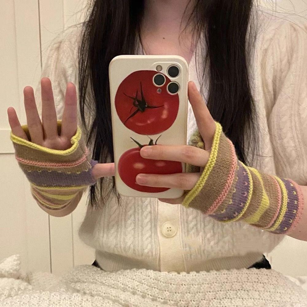 

Pink Winter Velvet Gloves Women Mittens Lovely Rainbow Stripe Knitted Gloves Ladies рожевий