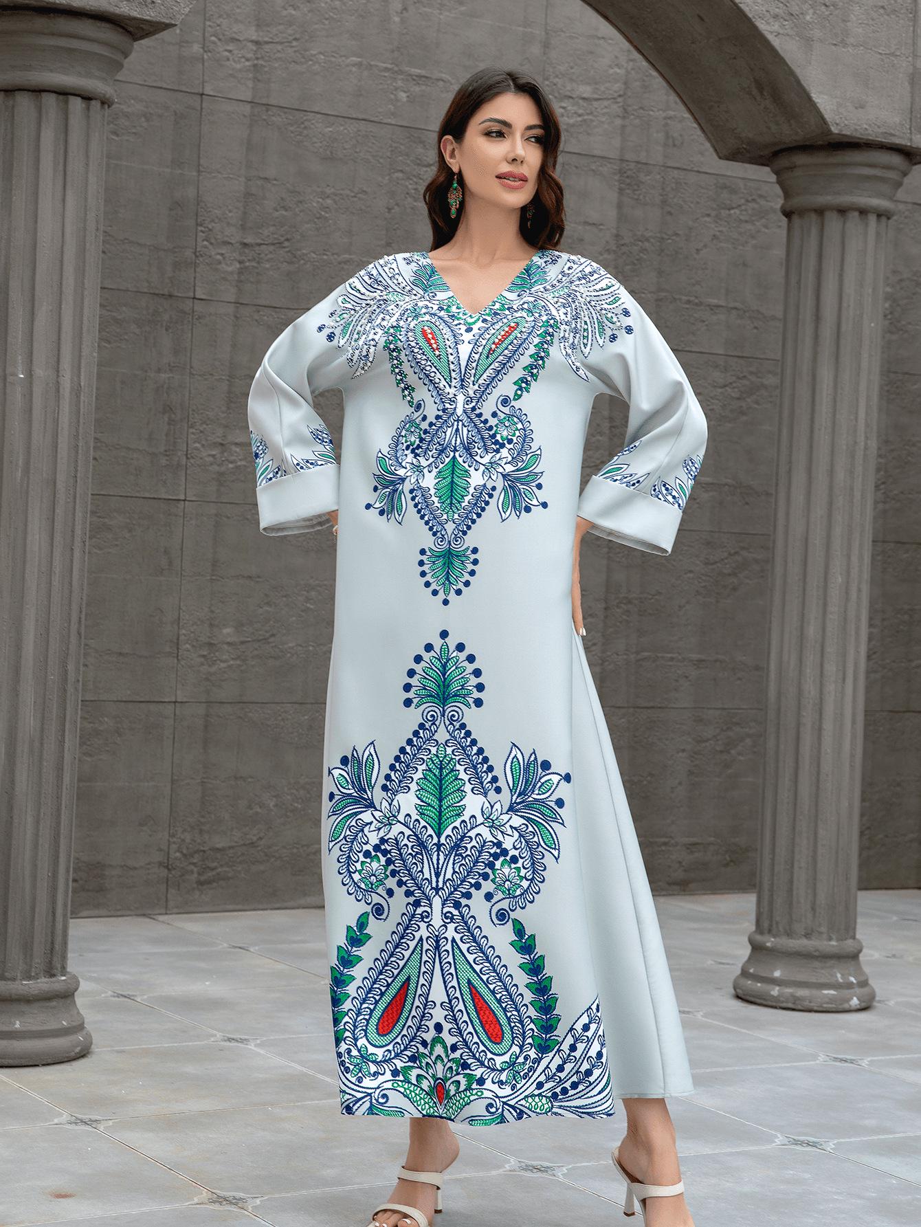 

SW0827 Ближневосточная абайя с бисером: Элегантное мусульманское женское длинное платье-халат кросс-бордер Extra Large светло-синий