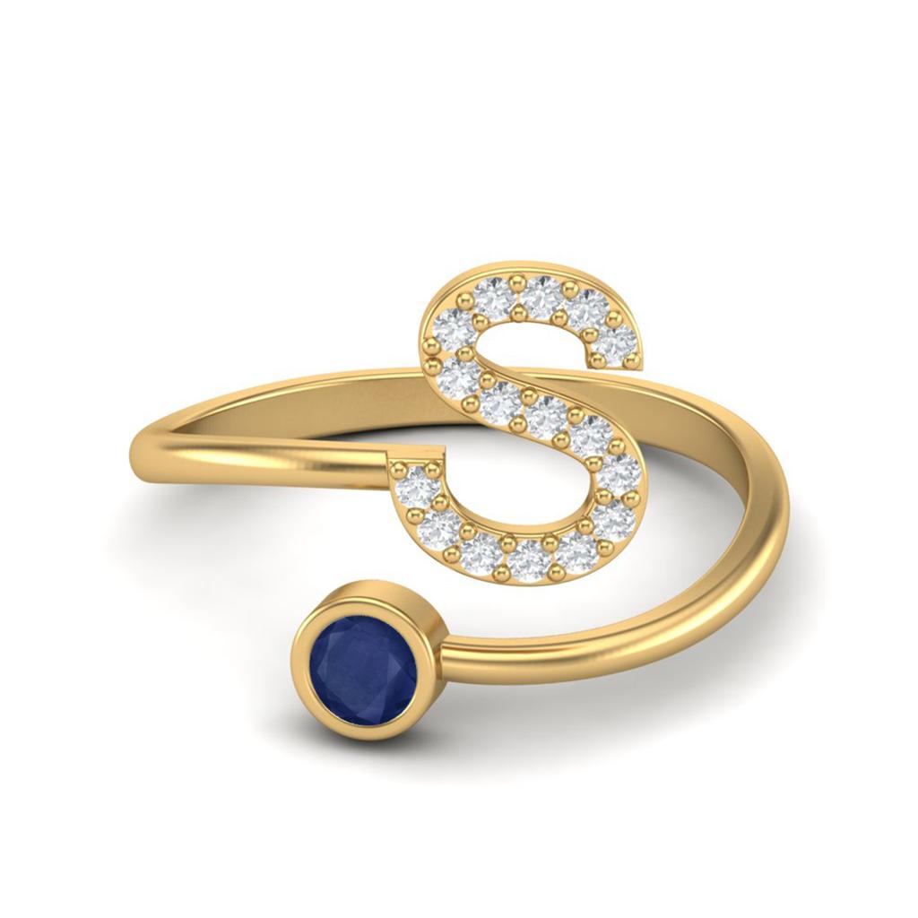 Capital S Initial Letter Blue Sapphire Adjustable Front Open 925 Sterling Silver Gold Vermeil Women Ring