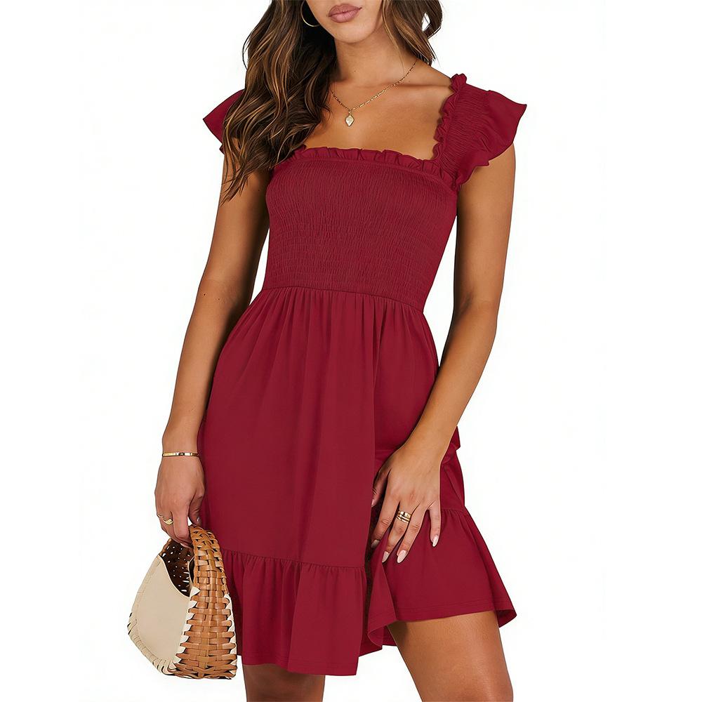 New Summer Women's Dress with Square Neckline and Check Pattern - A Sweet Mid-length Dress with A Gathered Design