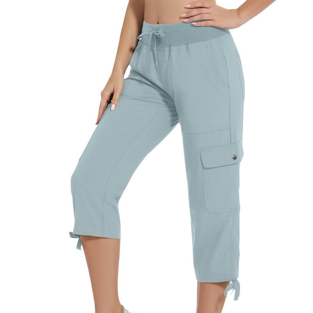 Damen Outdoor Capri-Hose mit Taschen Lockerer Schnitt Kordelzug Taille Reise Lässig Sieben-Achtel-Hose für den Alltag