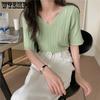 V-neck Tops Summer Short Sleeve T-shirt Loose Pit Striped Sweater Women's Casual Bottoming Shirt Aesthetic Simple Tee Y2k Top