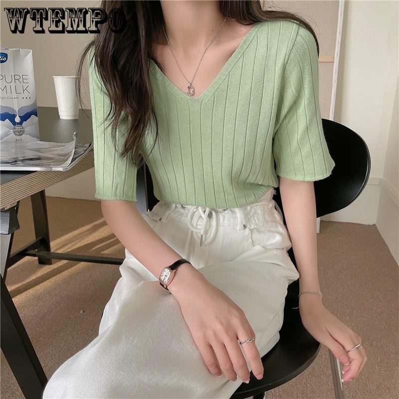 V-neck Tops Summer Short Sleeve T-shirt Loose Pit Striped Sweater Women's Casual Bottoming Shirt Aesthetic Simple Tee Y2k Top