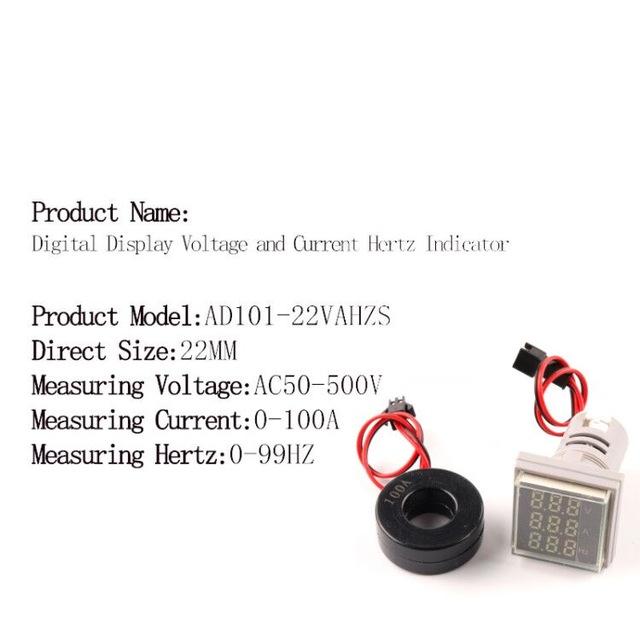 Square Digital Voltmeter Ammeter Hertz  22mm AC50-500V 0-100A 0-99Hz Amp Volt Hertz Voltage Tester Meter LED Pilot Lamp Light