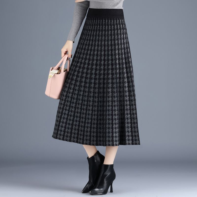Autumn/Winter Thick Knitted Pleated Skirt for Women High Waist Mid Length Knitted Skirt