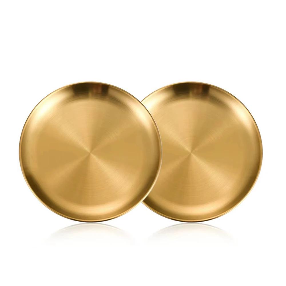 2Pcs Gold Stainless Steels Metal Round Plate Rust-Proof Shallow Tray Plate Camping Plate BBQ Picnic Dishes Cookware Tableware