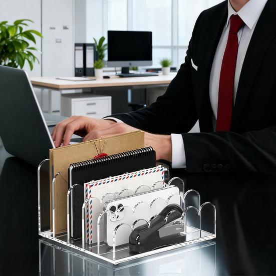 Yousheng Acrylic Mail Organizer Desktop Clear Document Sorter Vertical File Holder 5-Compartment File Rack Desk Organizer
