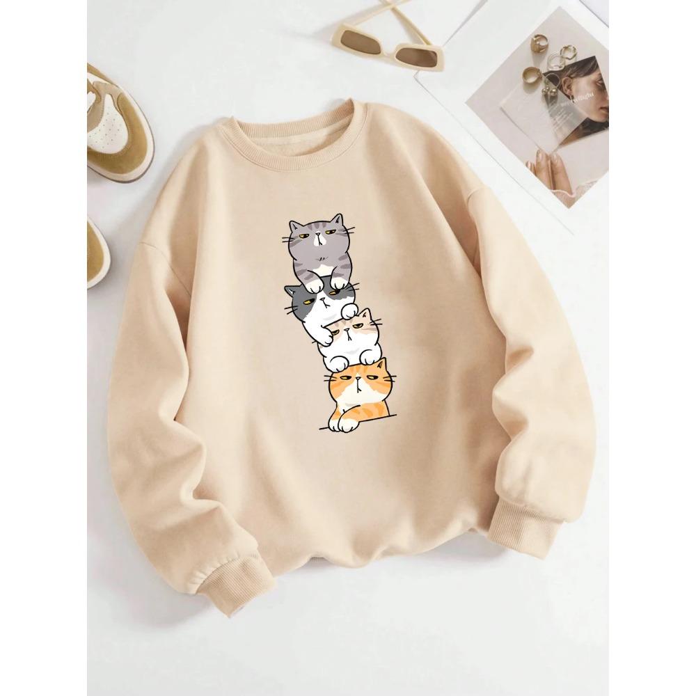 2025 Four Cats Playing On Top of Each Other Prints Hoodie Women Autumn Winter Sweatshirt Basics Pullover Casual Women Clothes