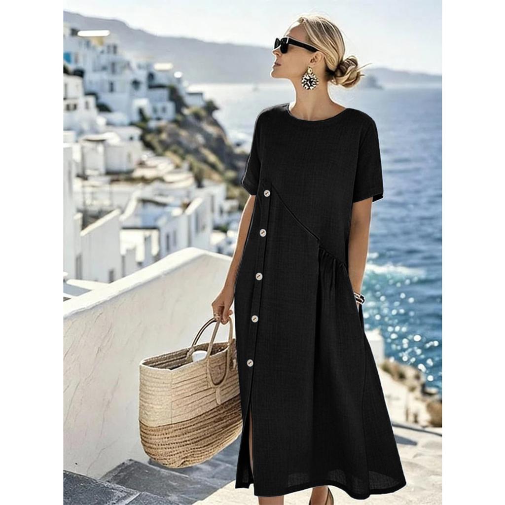 Women's Casual Loose Round Neck Short Sleeve Button Decor Ruched Pocket Midi A Line Linen Dress