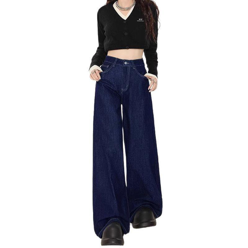 Damen Retro Dunkelblaue Weitbeinige High-Waist Jeans - Bodenlang Koreanischer Stil für Frühling & Herbst