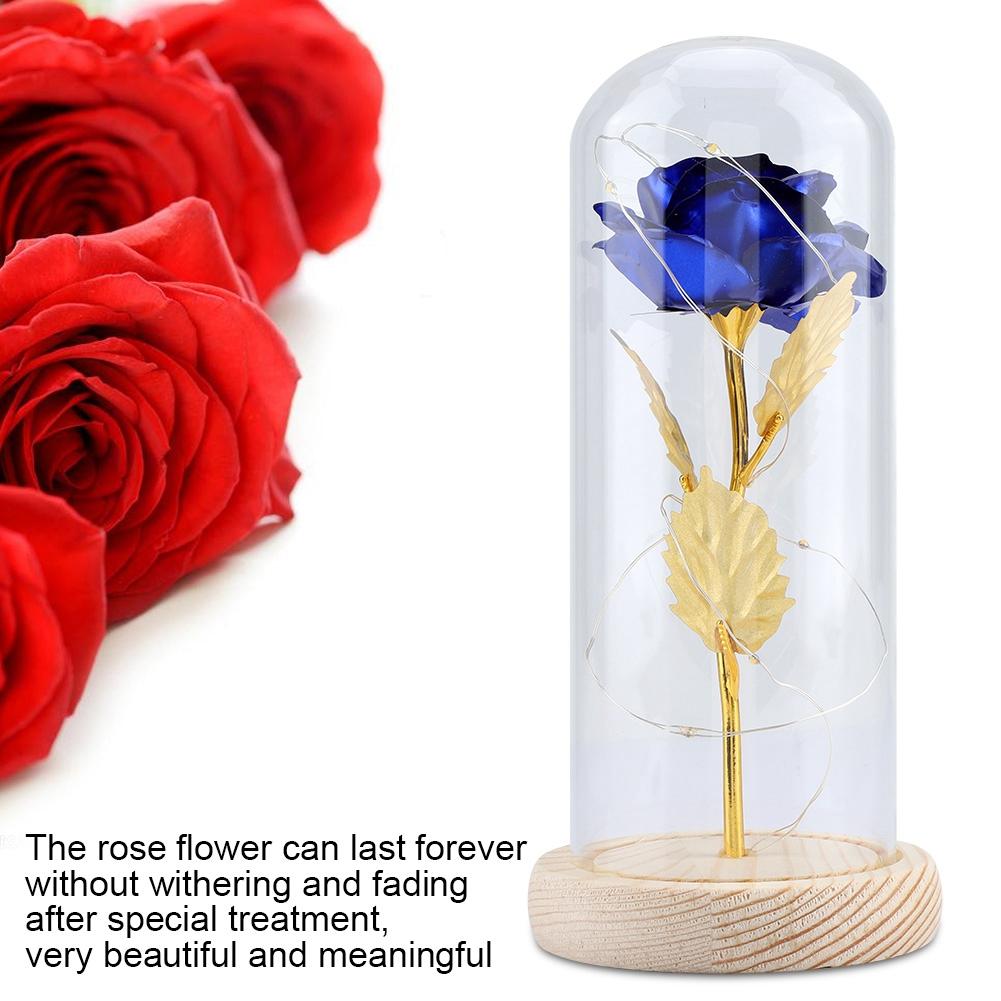 Preserved Rose Flower LED Light with Glass Cover & Wooden Base Valentines Day Wedding Gift