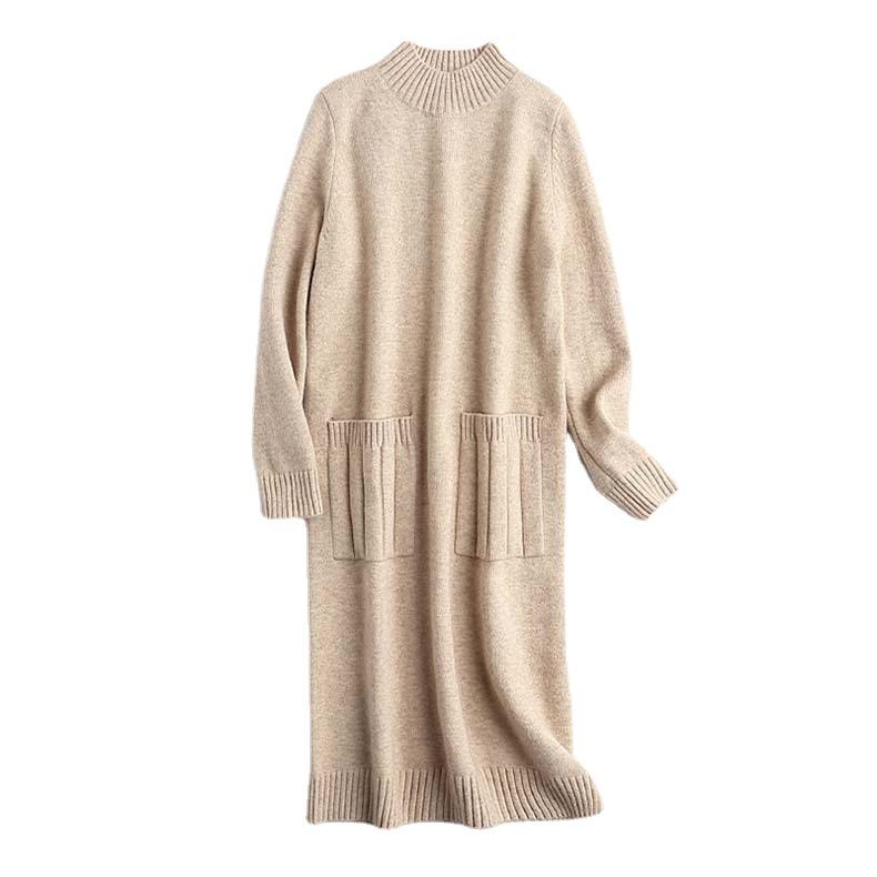 Herbst- und Winterstrickkleid Langes Kleid Langarm Damenpulloverkleid Locker Verdickt Vielseitig