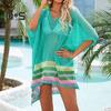 Women Bikini Cover Up V-Neck Drop-shoulder Sleeves Hollow Beachwear Dress Side Split Color Block Crochet Swimsuit Cover-ups