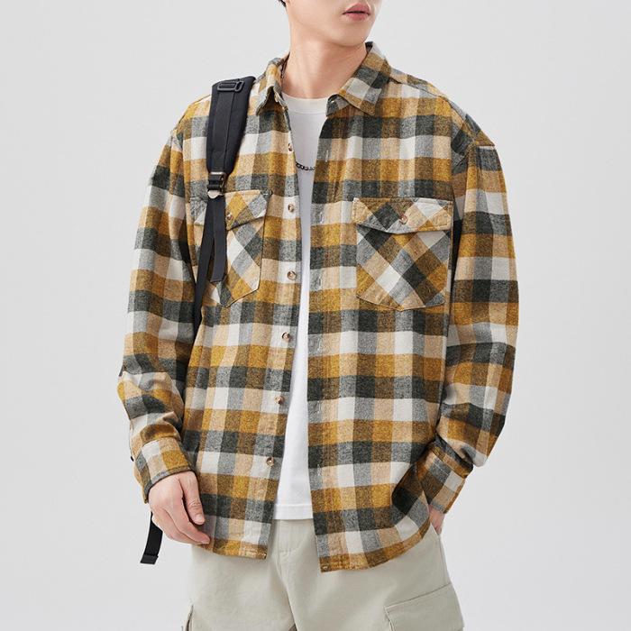 

Весна Новая Японская Ретро Мужская Свободная Рубашка Цвет Клетка Повседневная Американская Рубашка Куртка 4XL жёлтый