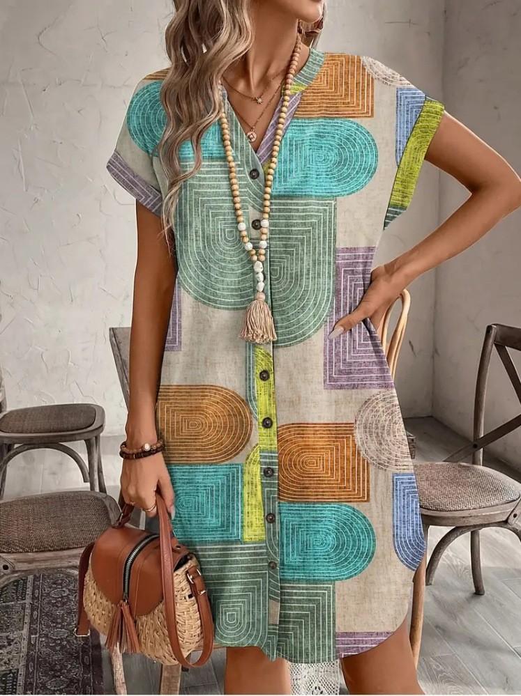 European and American Women's Clothing Foreign Trade Amazon Summer Geometric Printing Elegant V-neck Button Up Dress