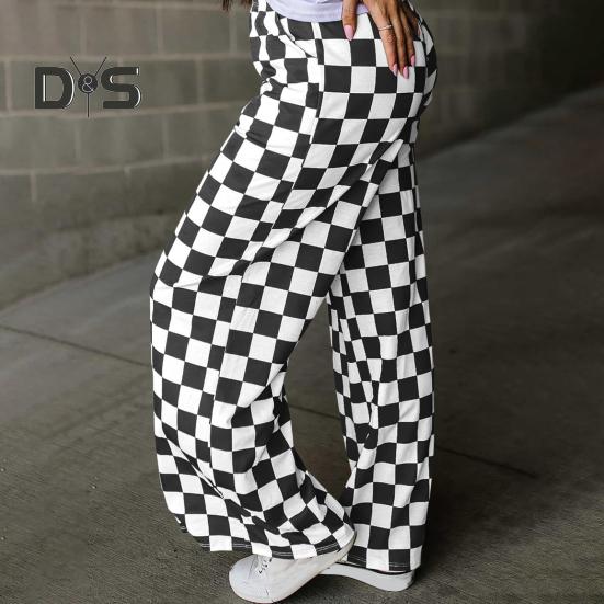 Damenhose, elastisch, hohe Taille, karierter Druck, weites Bein, Freizeithose, lockere Passform, Hose für Urlaub, Arbeit, Alltag