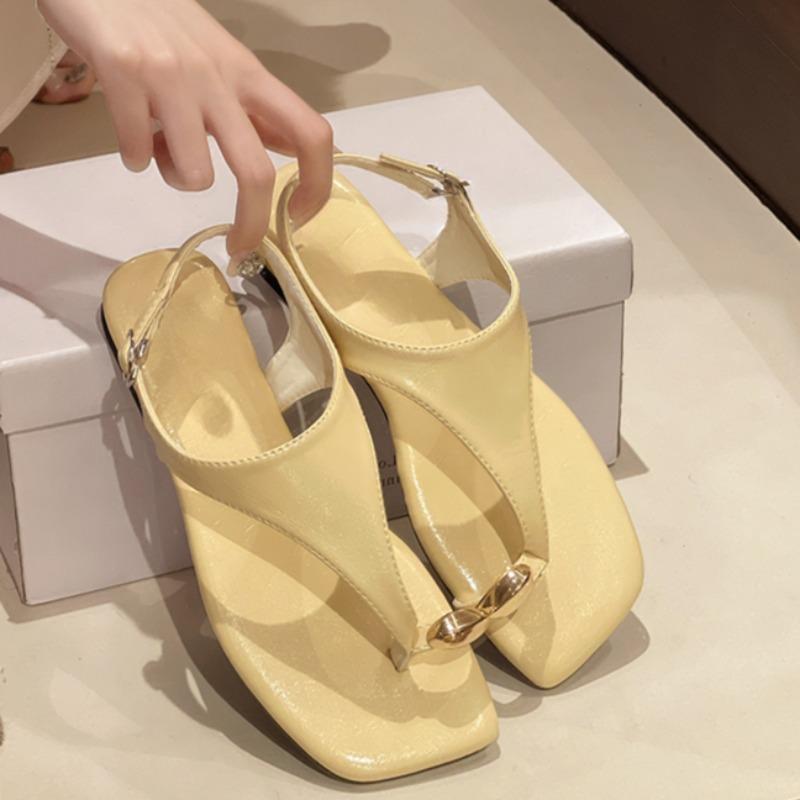 Low Heel Sandals Summer New Square Head Metal Buckle Head Soft Sole Anti-slip Wear-resistant Flat Shoes
