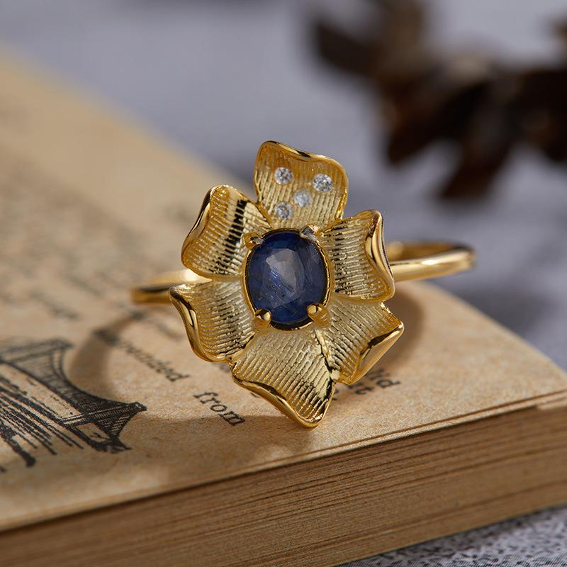 Premium S925 Sterling Silver Natural Colored Treasure Index Finger Ring Female Flower Original Design Niche Wind Does Not Fade